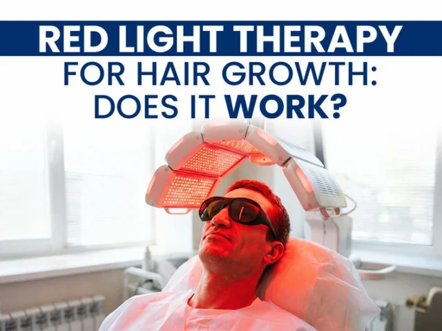 Man wearing protective goggles under a red light therapy device with text asking if red light therapy for hair growth works.